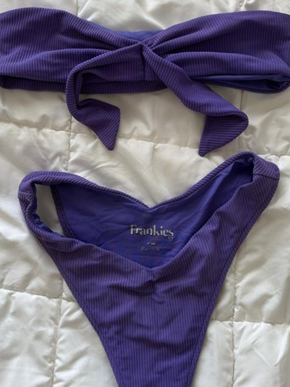 Bikinis Purple Ribbed Tie-Front Bandeau Top & High-Cut Bottom